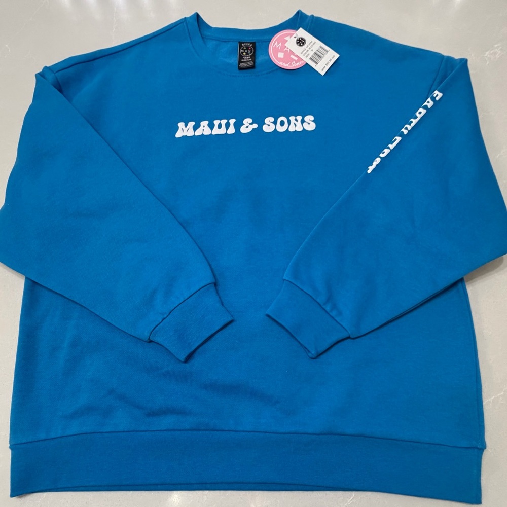NWT ($50) Maui and Sons Bright Blue Crewneck Sweatshirt with White Logo, M